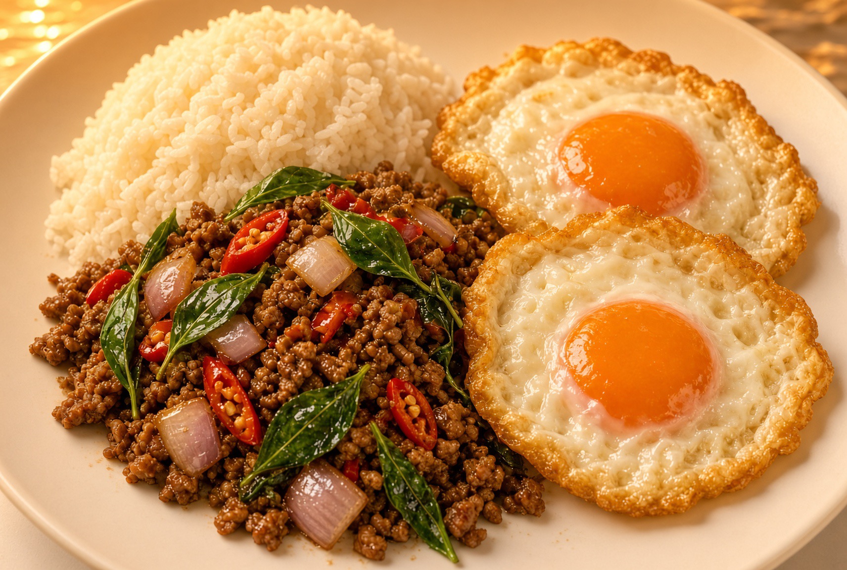 Pad kra pao with jasmine rice and crispy fried eggs at Khong Kwan